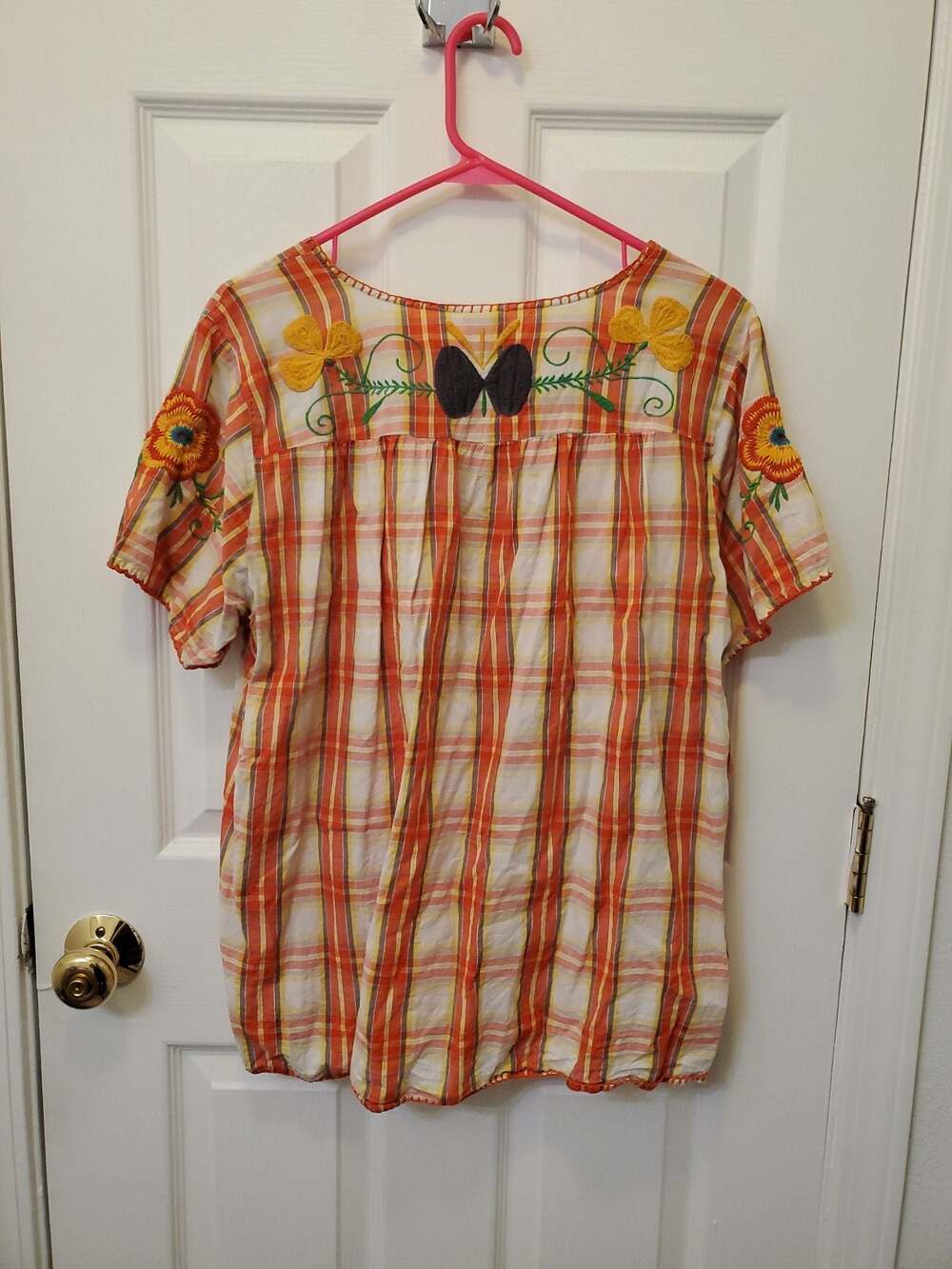 Sister Mary Women's Plaid Short Sleeve Embroidered Floral Blouse - Picture 8 of 9